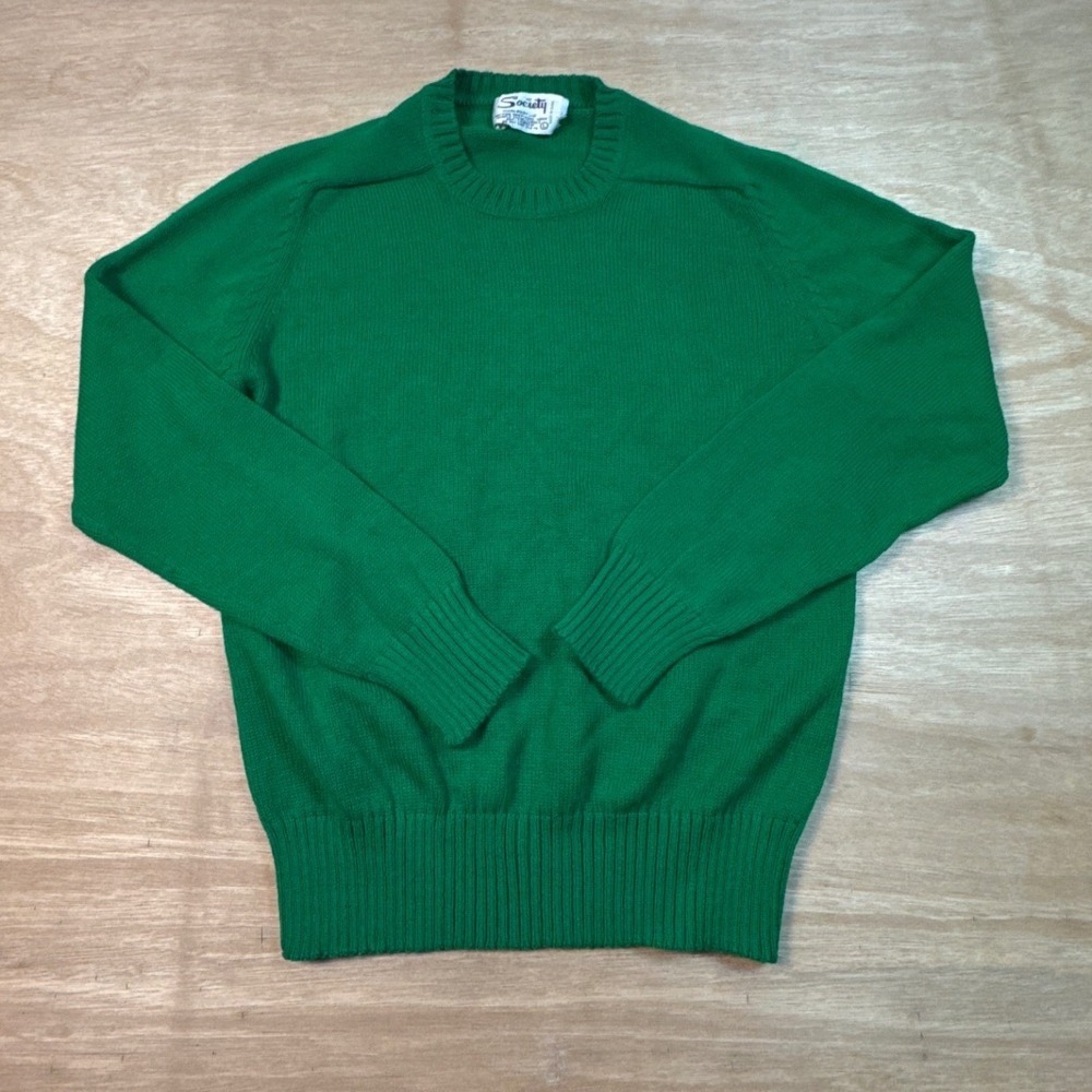 Society Crewneck Sweater Womens M Green Excellent Vintage Ribbed Knit Raglan
